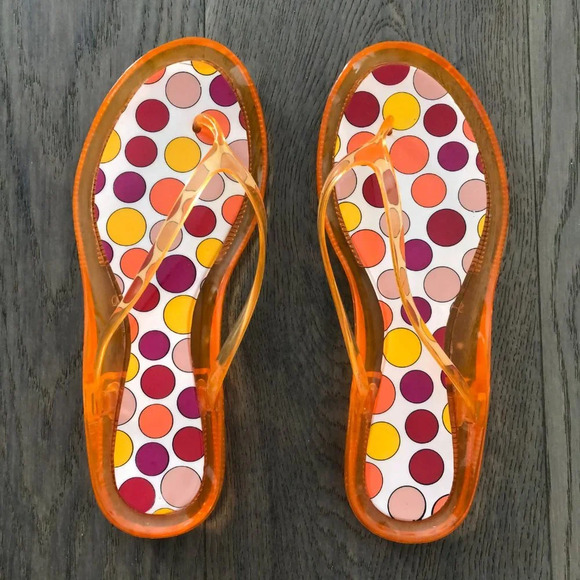 Vintage Synthetic Man-Made Beach Flip-Flop Sandals Orange Polka Dot Sz L 9 - 10 - Picture 7 of 7